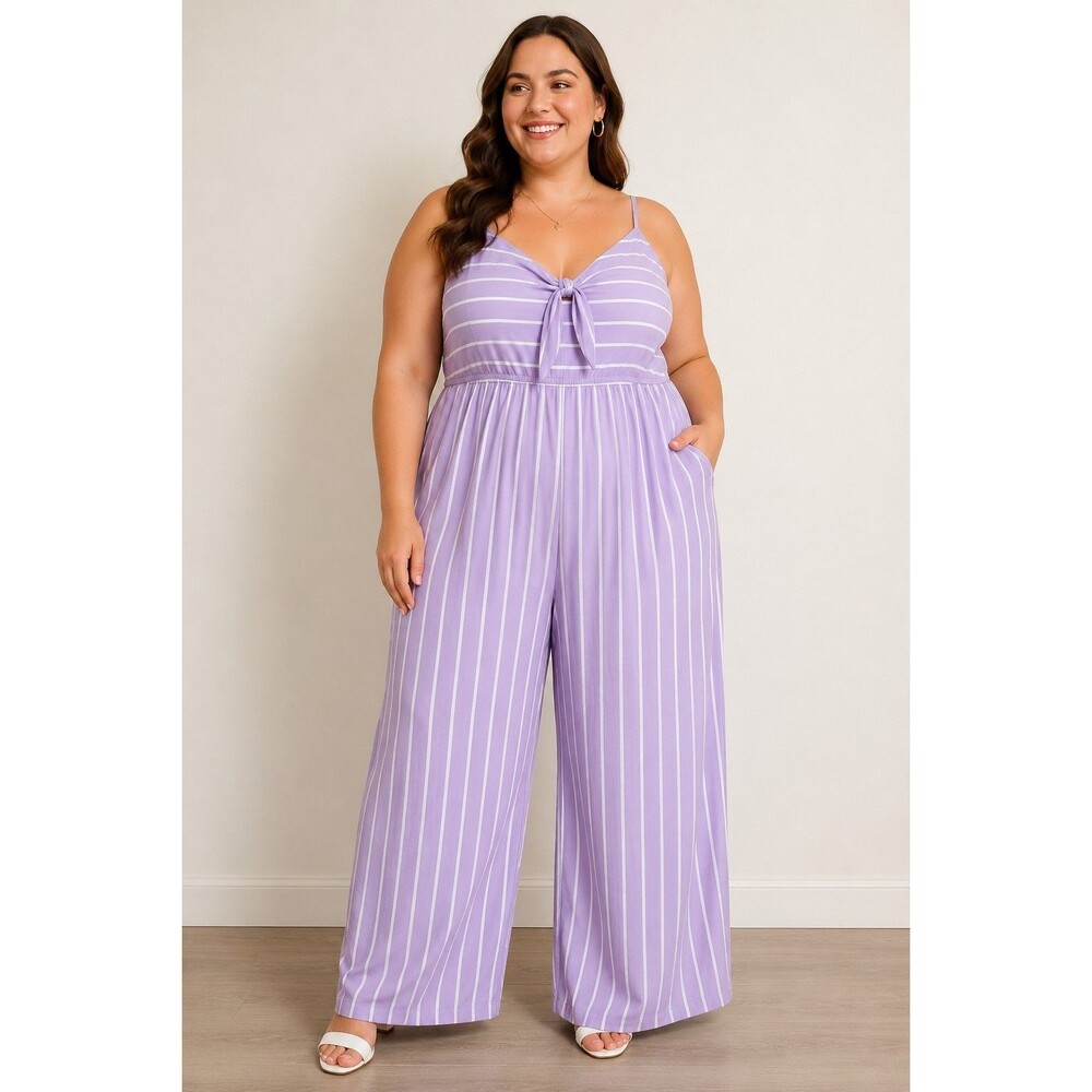 Women's 4XL Purple Striped Wide Leg Jumpsuit Tie Front Sleeveless Plus Size